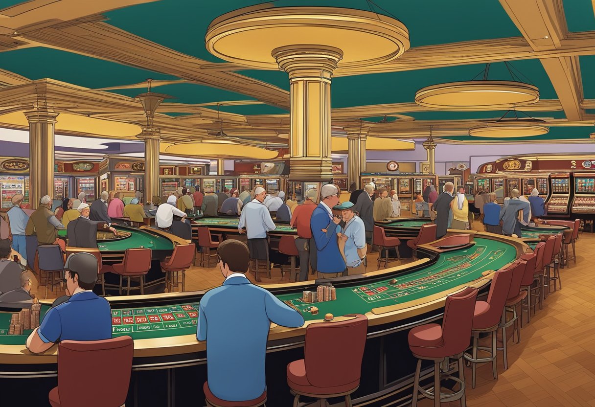 A bustling casino on the Isle of Man, with rows of slot machines, card tables, and a roulette wheel. Patrons enjoy drinks and conversation as they try their luck