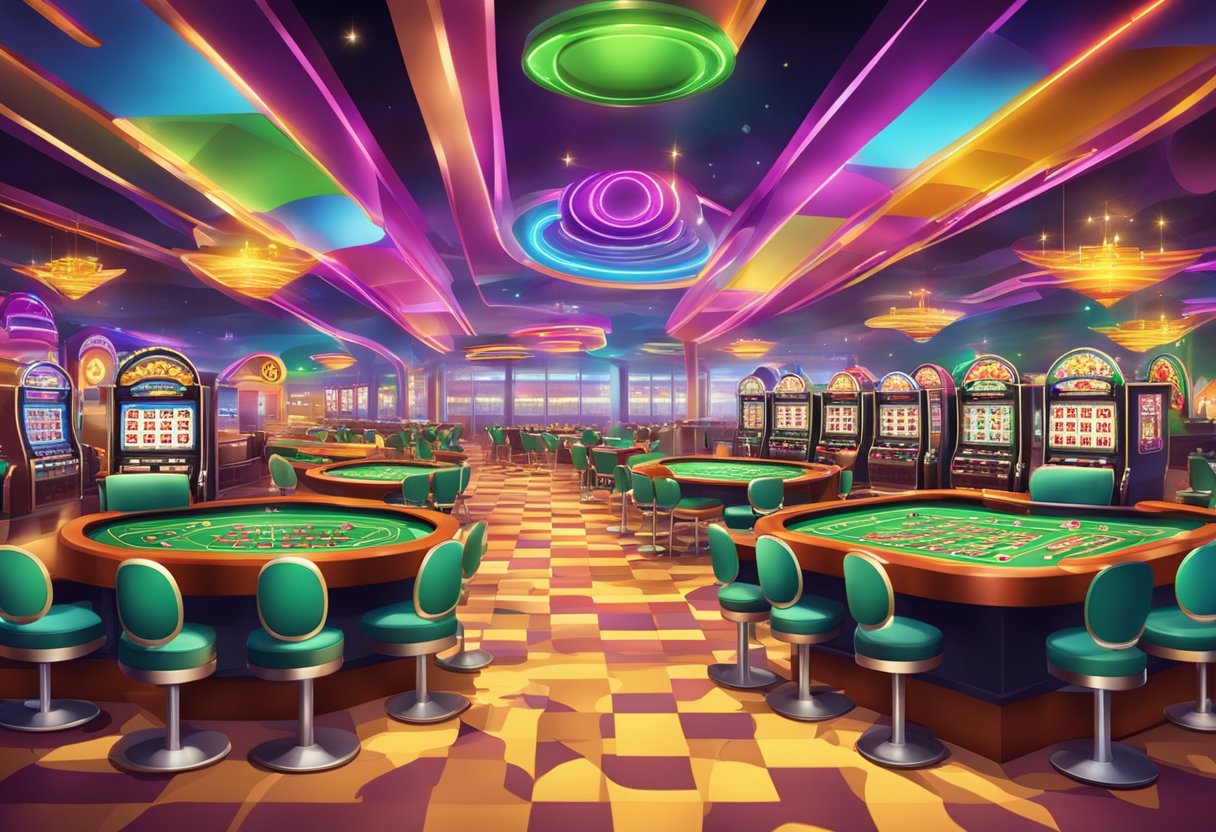 A vibrant casino floor in Brazil with colorful slot machines and lively card tables, surrounded by excited and animated gamblers