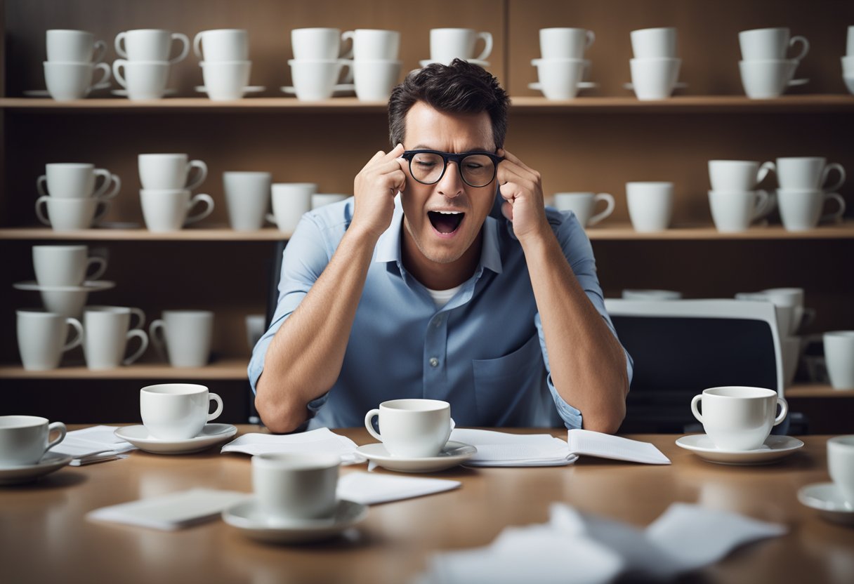 A person sitting at a desk, surrounded by empty coffee cups and papers, with a heavy-lidded expression and a yawn, symbolizing the fatigue caused by Type 2 diabetes