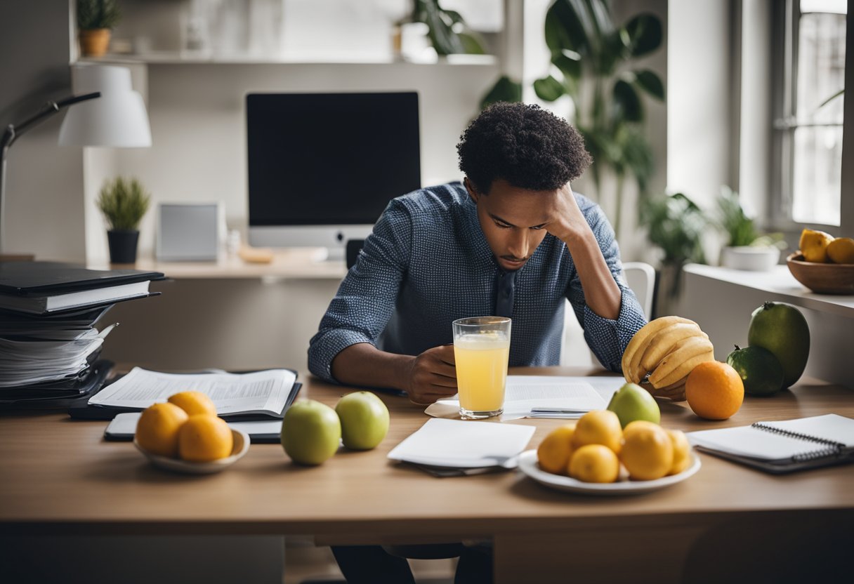 A person sitting at a desk with scattered papers and a computer, looking tired and fatigued. A half-full glass of water and a plate of fruits are on the desk