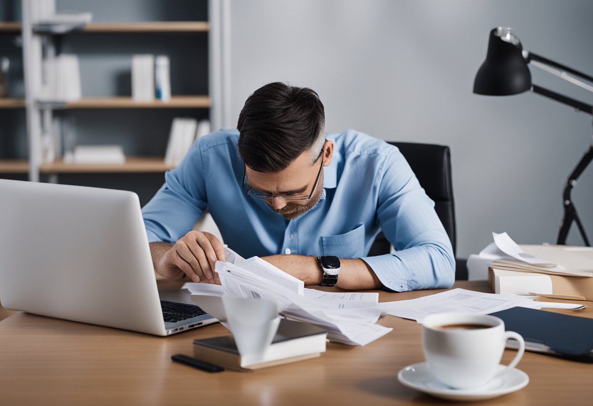 A person with type 2 diabetes sitting at a desk with scattered papers, a computer, and a cup of coffee, looking exhausted and rubbing their eyes