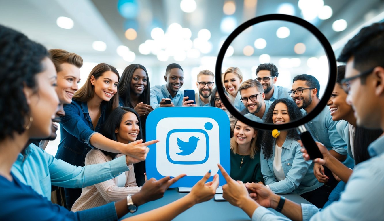 A group of diverse people gather around a social media platform, while a large magnifying glass hovers over them, symbolizing the power of influencer marketing