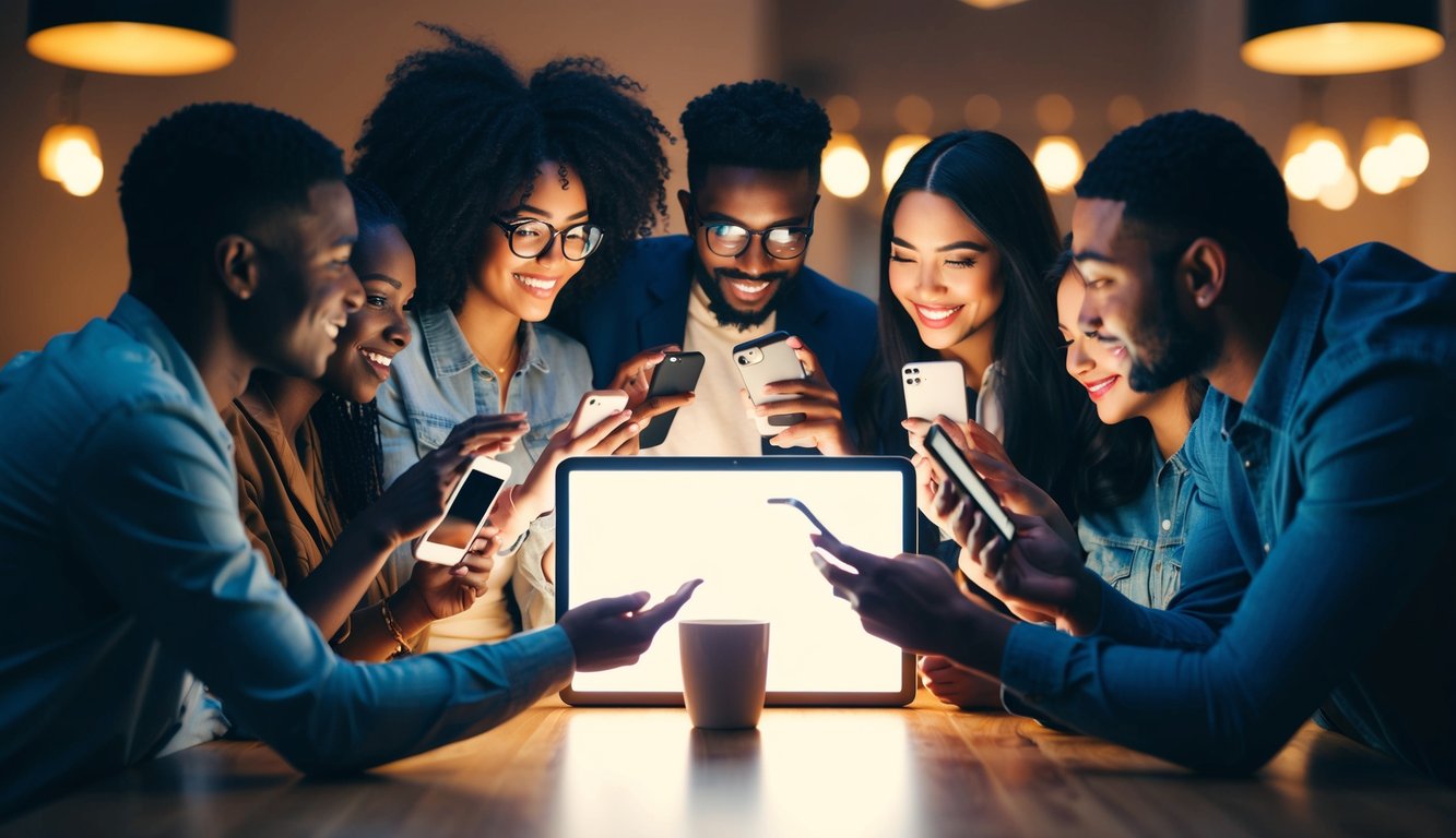 A group of diverse individuals gather around a glowing screen, each holding a different product. They are all looking at a popular social media influencer's profile, indicating the power of influencer marketing