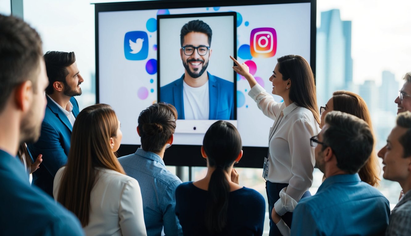 A group of people gathered around a large screen, with one person pointing to an image of a social media influencer