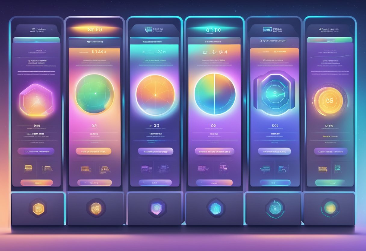 Un tableau comparatif d'hébergement web futuriste avec des visuels élégants et holographiques et des données affichées dans une mise en page propre et organisée.