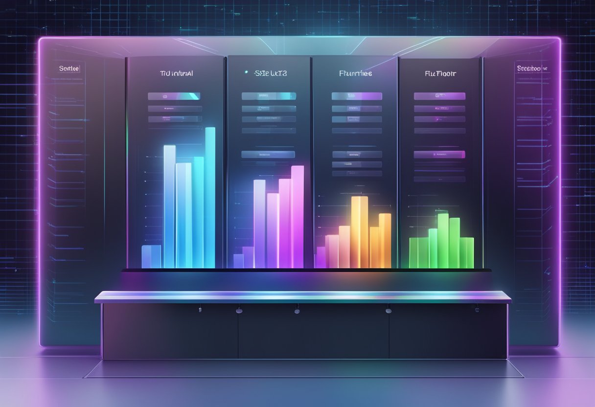 Un tableau comparatif d'hébergement web futuriste avec des affichages élégants et holographiques et une technologie avancée