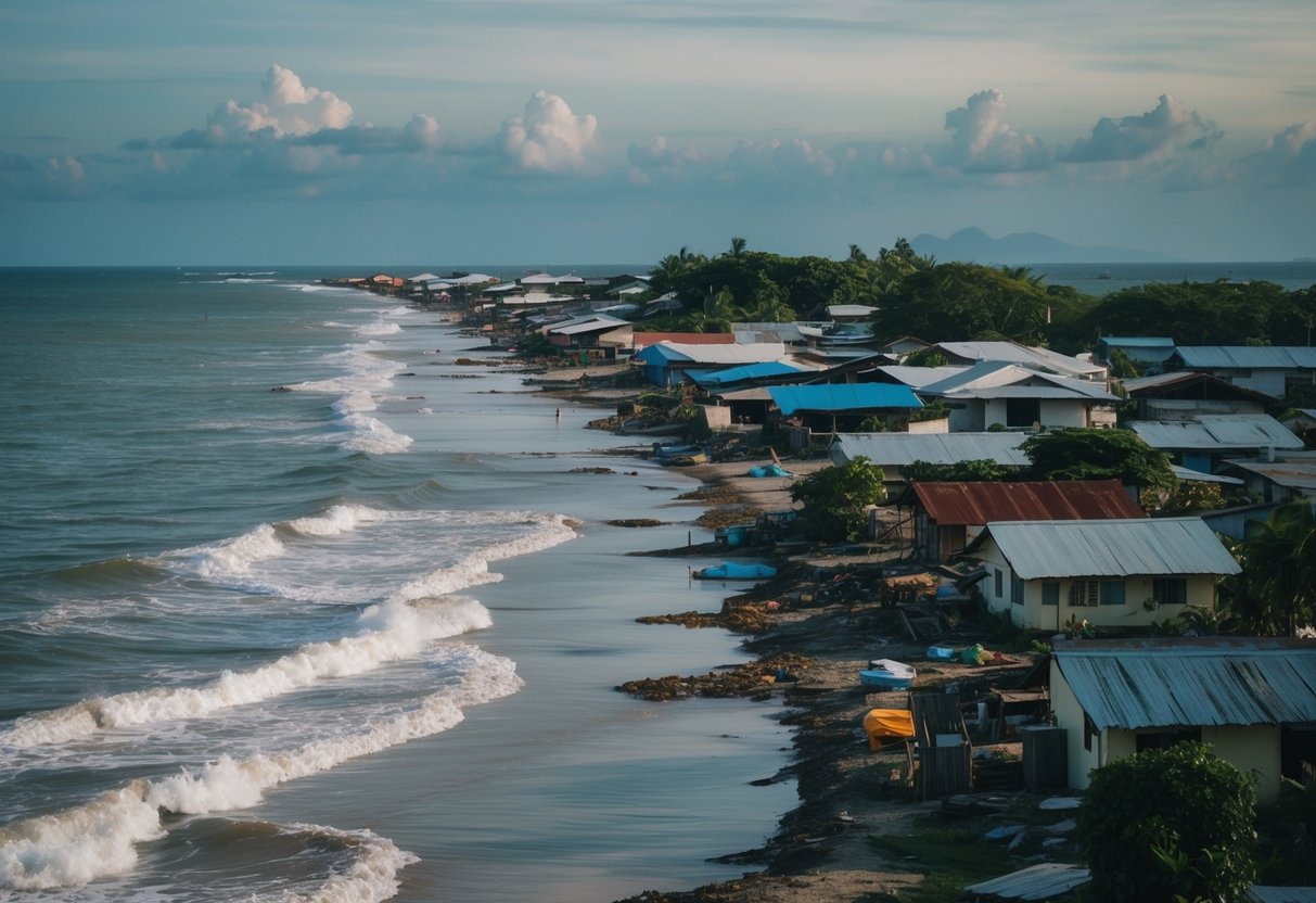 Scene: A coastal village in the Philippines with rising sea levels eroding the shoreline, causing damage to homes and infrastructure