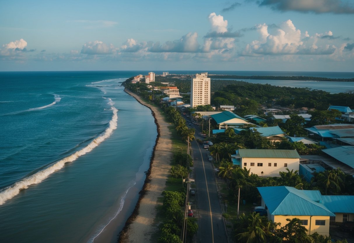 A coastal town in the Philippines, with rising sea levels eroding the shoreline, while government officials discuss policy options for climate change adaptation