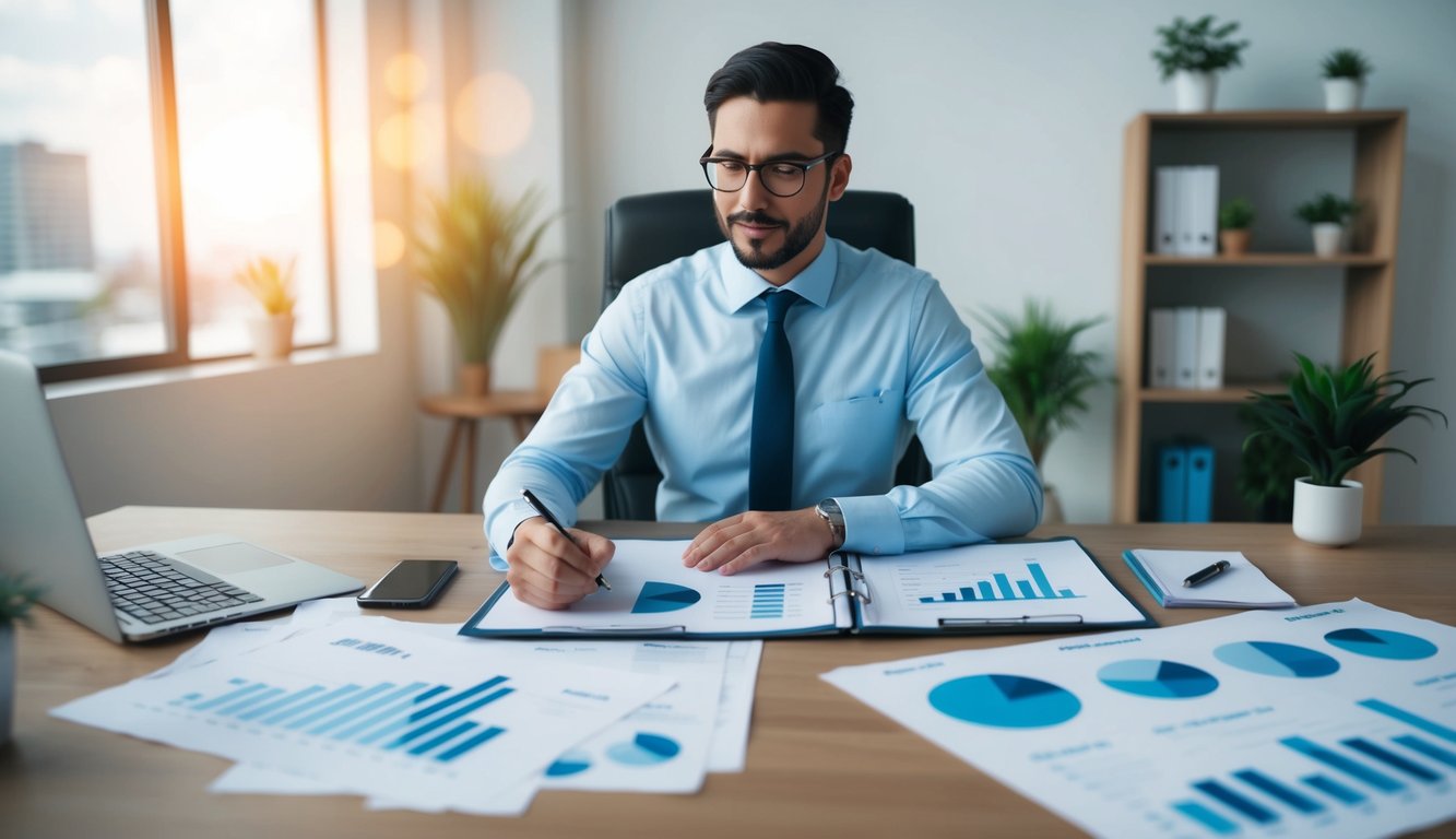 A business owner sits at a desk, writing a detailed plan for their ecommerce store. Charts and graphs are spread out in front of them, showing market analysis and financial projections