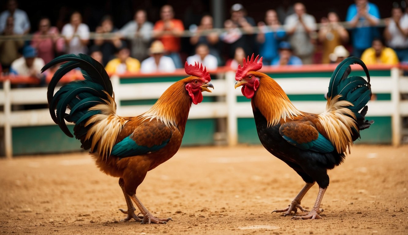 Sebuah arena sabung ayam yang meriah dengan penonton yang bersorak dan dua ayam jantan yang garang terlibat dalam pertempuran