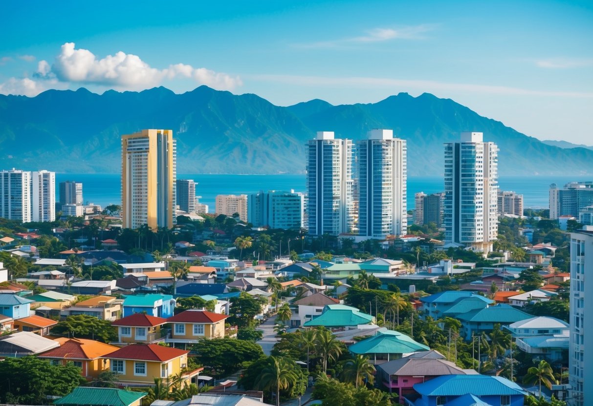 A bustling Cebu cityscape with colorful houses and sleek high-rise condos against a backdrop of lush mountains and clear blue skies