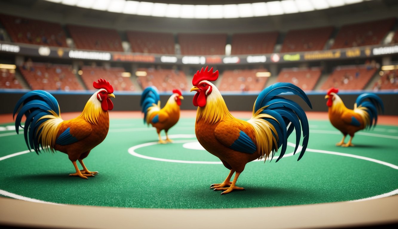 Arena sabung ayam virtual dengan ayam animasi dalam pertandingan waktu nyata