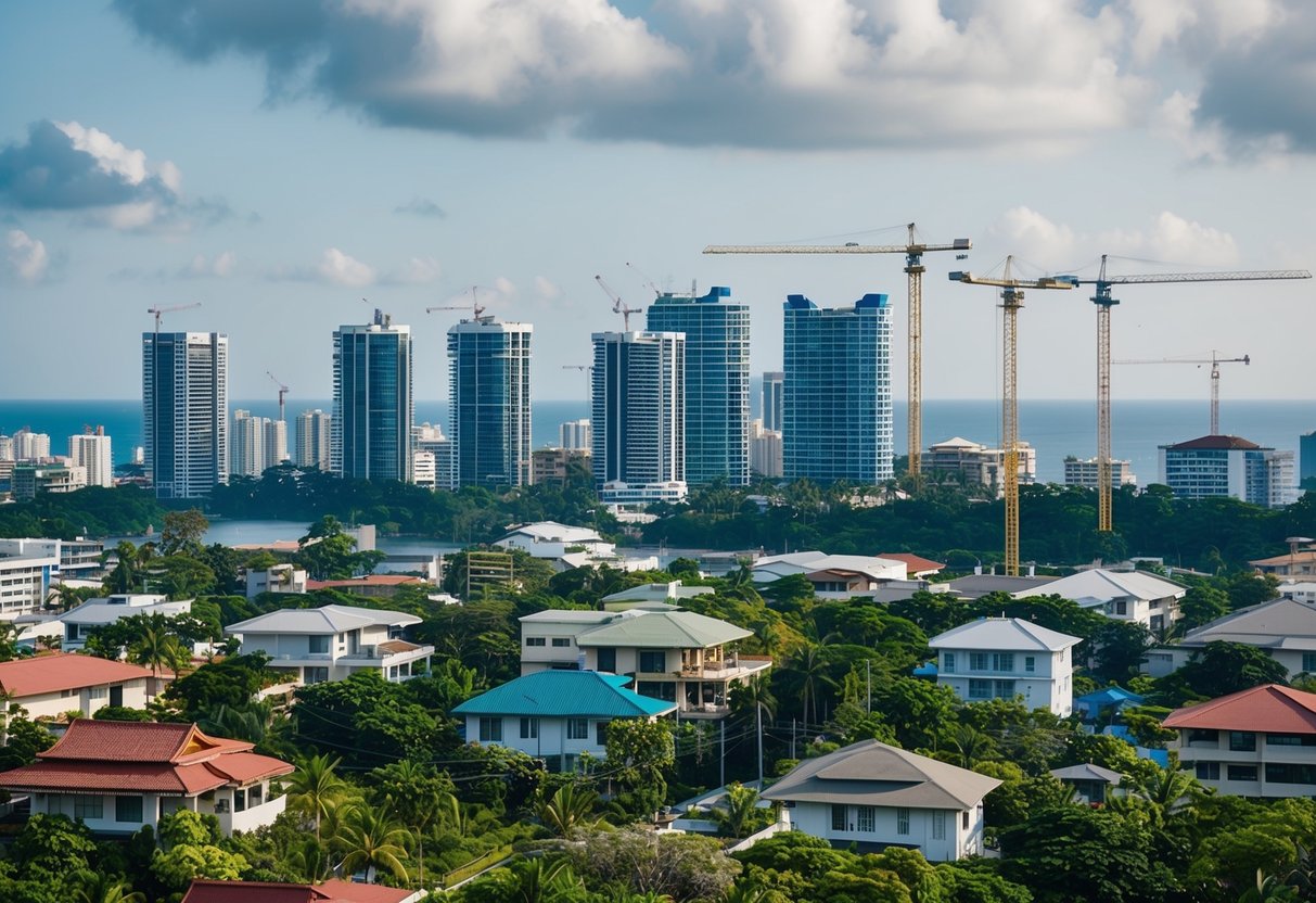 A bustling Cebu cityscape with a mix of modern high-rise condominiums and traditional houses nestled among lush greenery. The skyline is dotted with construction cranes, showcasing the city's rapid development