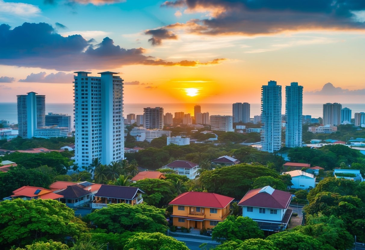 A bustling cityscape in Cebu, with high-rise condos and traditional houses nestled among lush greenery. The sun sets over the horizon, casting a warm glow on the vibrant city