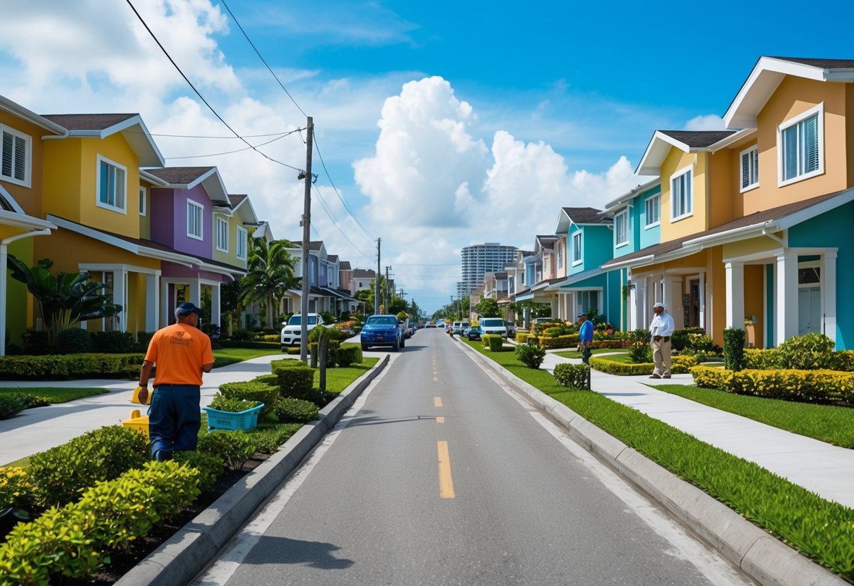 A bustling street in Cebu, with colorful houses and condos lining the road. A maintenance worker tends to the lush landscaping, while a homeowners' association meeting takes place in a community center