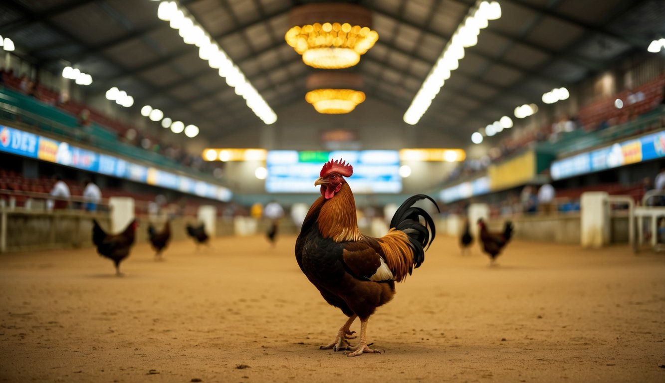 Sebuah arena sabung ayam yang ramai dan terang benderang dengan pusat layanan pelanggan 24 jam di dekatnya