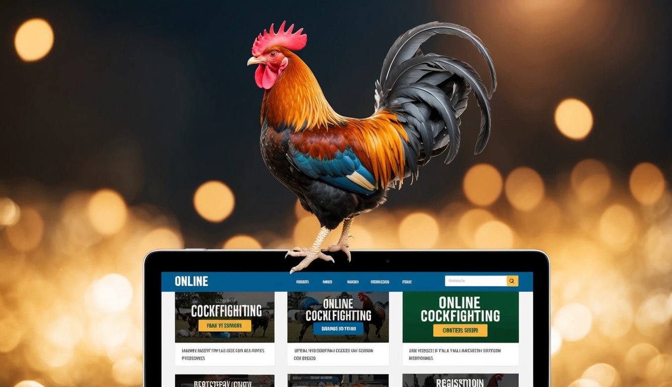 Seekor ayam jantan berkokok di atas layar digital yang menampilkan berbagai situs sabung ayam online dengan bonus pendaftaran