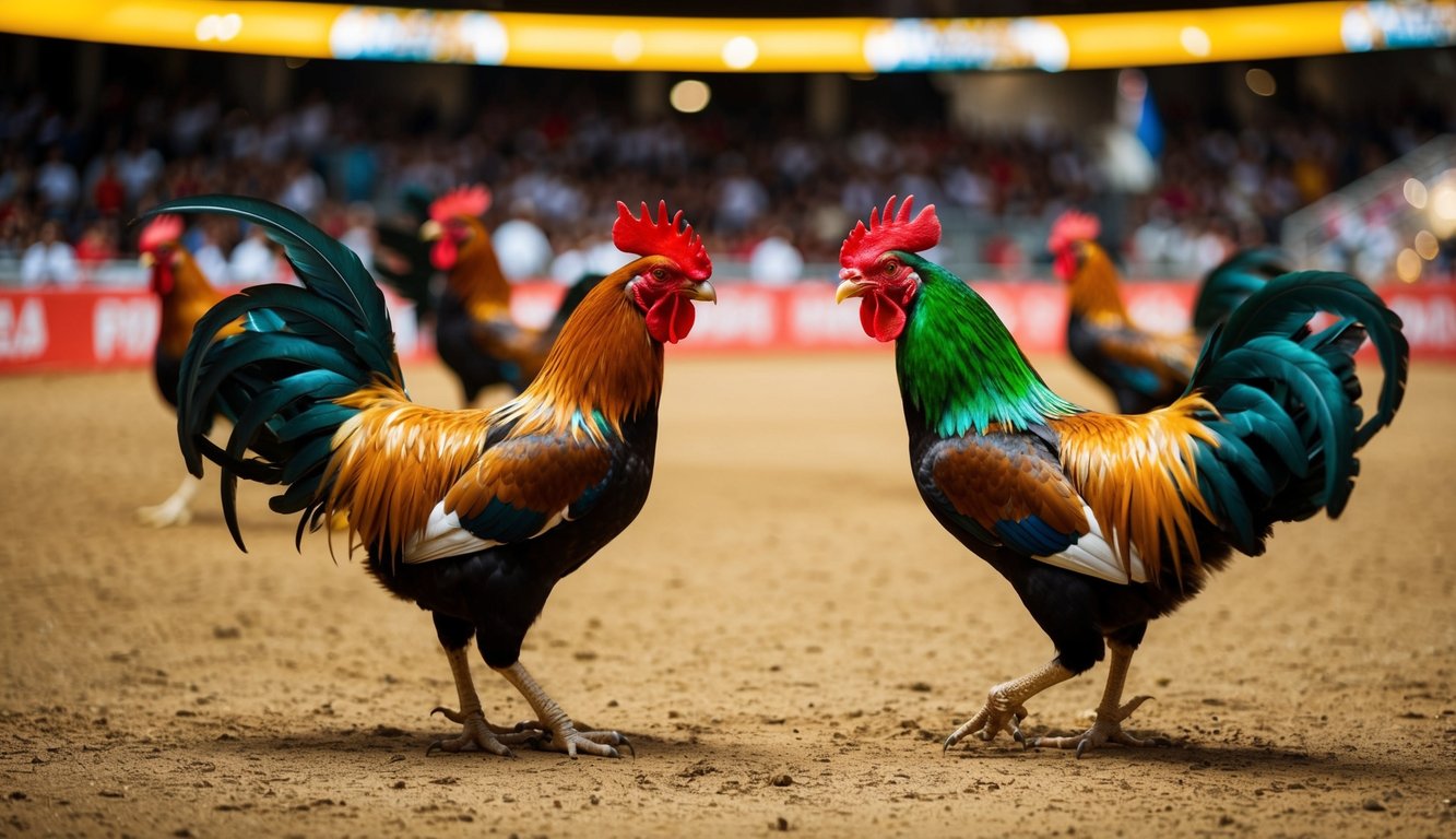 Sebuah arena yang ramai dengan ayam jantan berwarna cerah saling berhadapan dalam pertarungan ayam yang hidup dan cepat.