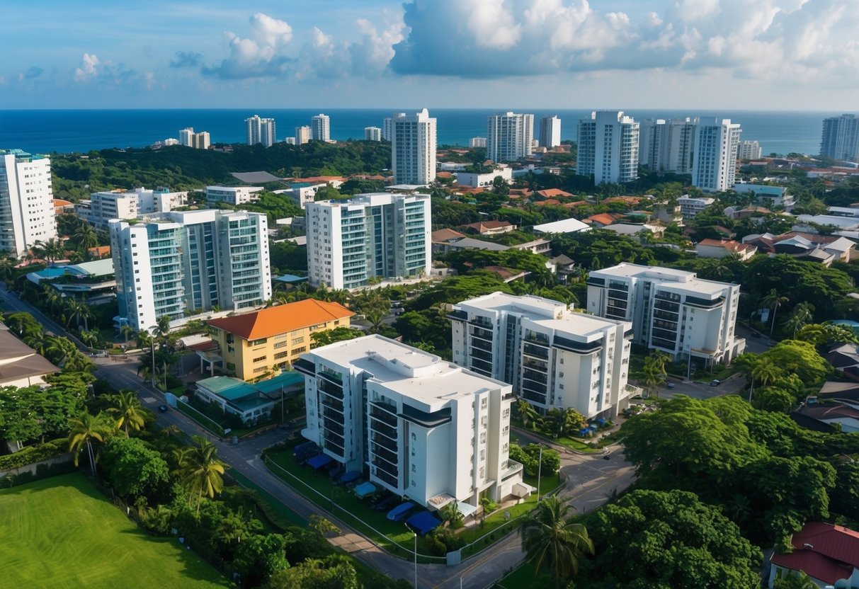 A bustling Cebu cityscape with a mix of modern condominiums and traditional houses, surrounded by lush greenery and a vibrant cultural atmosphere