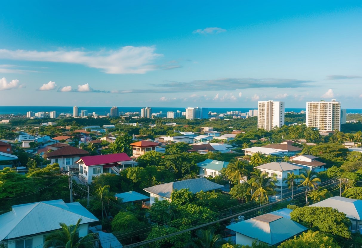 A vibrant Cebu cityscape with a mix of traditional and modern homes, surrounded by lush greenery and a clear blue sky