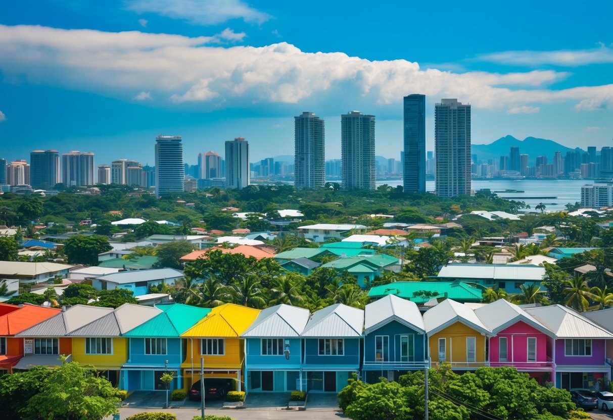 A bustling cityscape of Cebu, with colorful houses and modern condos against a backdrop of lush greenery and a bustling city skyline