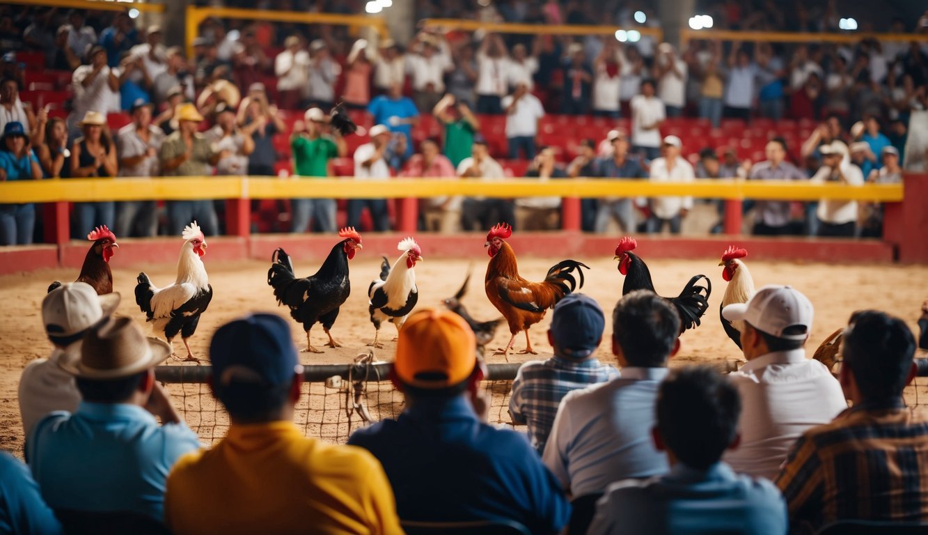 Arena sabung ayam yang meriah dengan penonton antusias yang mendukung burung kesayangan mereka