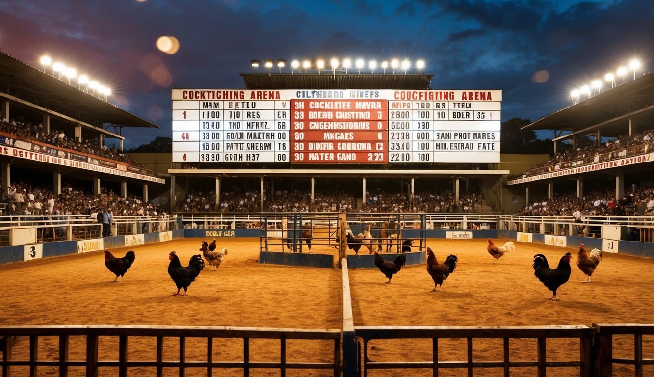 Sebuah arena sabung ayam yang ramai dengan jadwal pertandingan yang lengkap