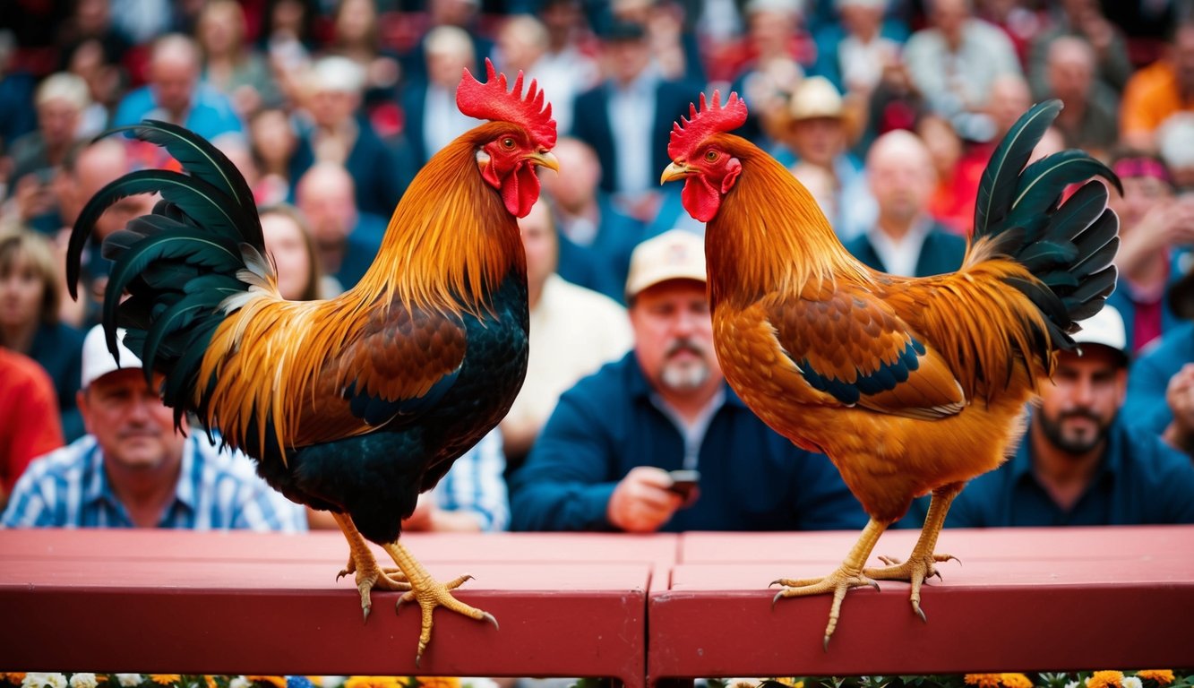 Seekor ayam jantan dan seekor ayam betina berhadapan di arena yang ramai, dikelilingi oleh penonton yang antusias memasang taruhan.