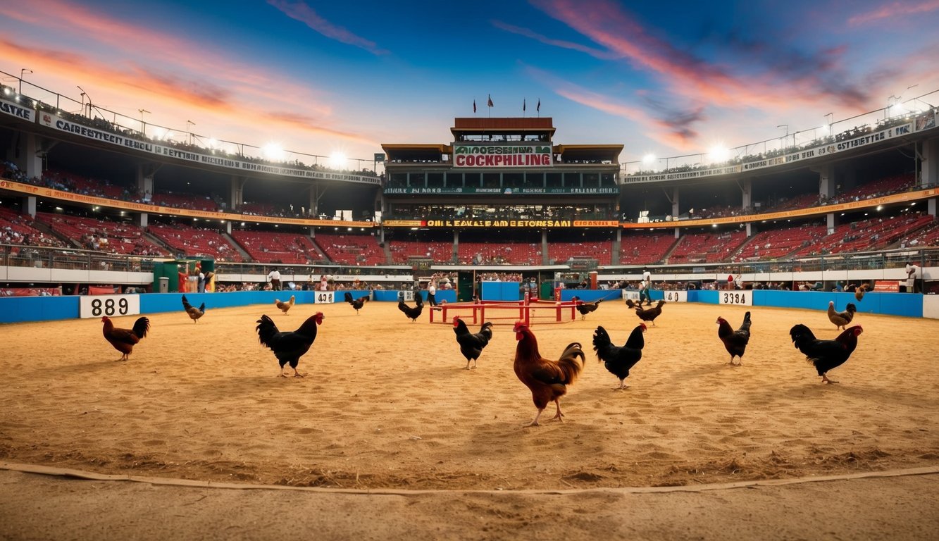 Arena sabung ayam yang ramai dan penuh kehidupan dengan akses mudah dan cepat untuk pertandingan terbaru