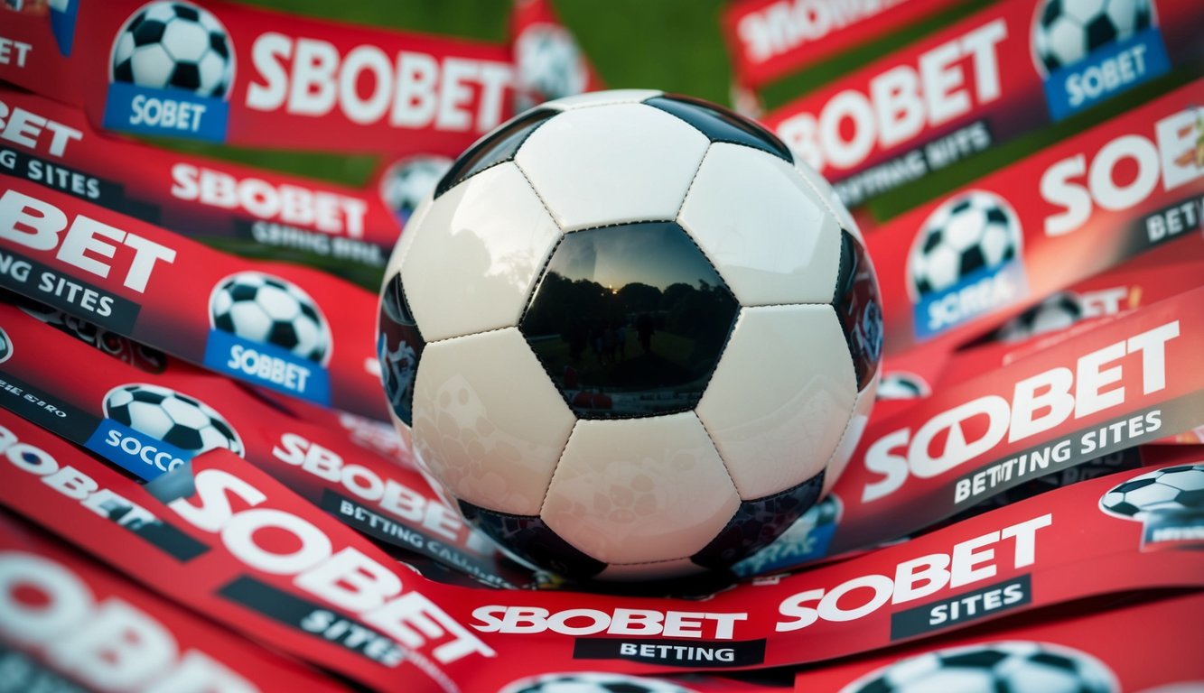 Sebuah bola sepak dikelilingi oleh spanduk promosi untuk situs taruhan Sbobet