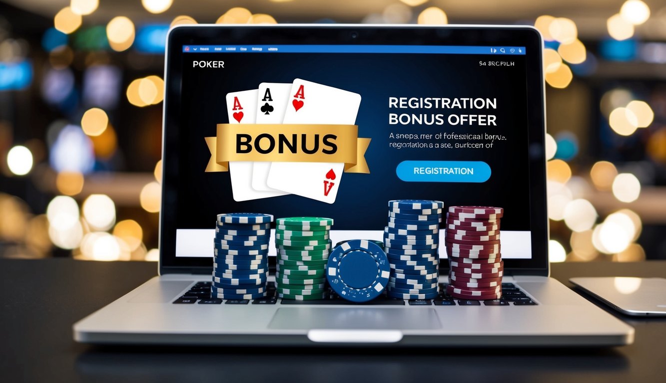 Sekelompok chip poker online dan kartu bermain dengan tawaran bonus pendaftaran yang ditampilkan di layar komputer