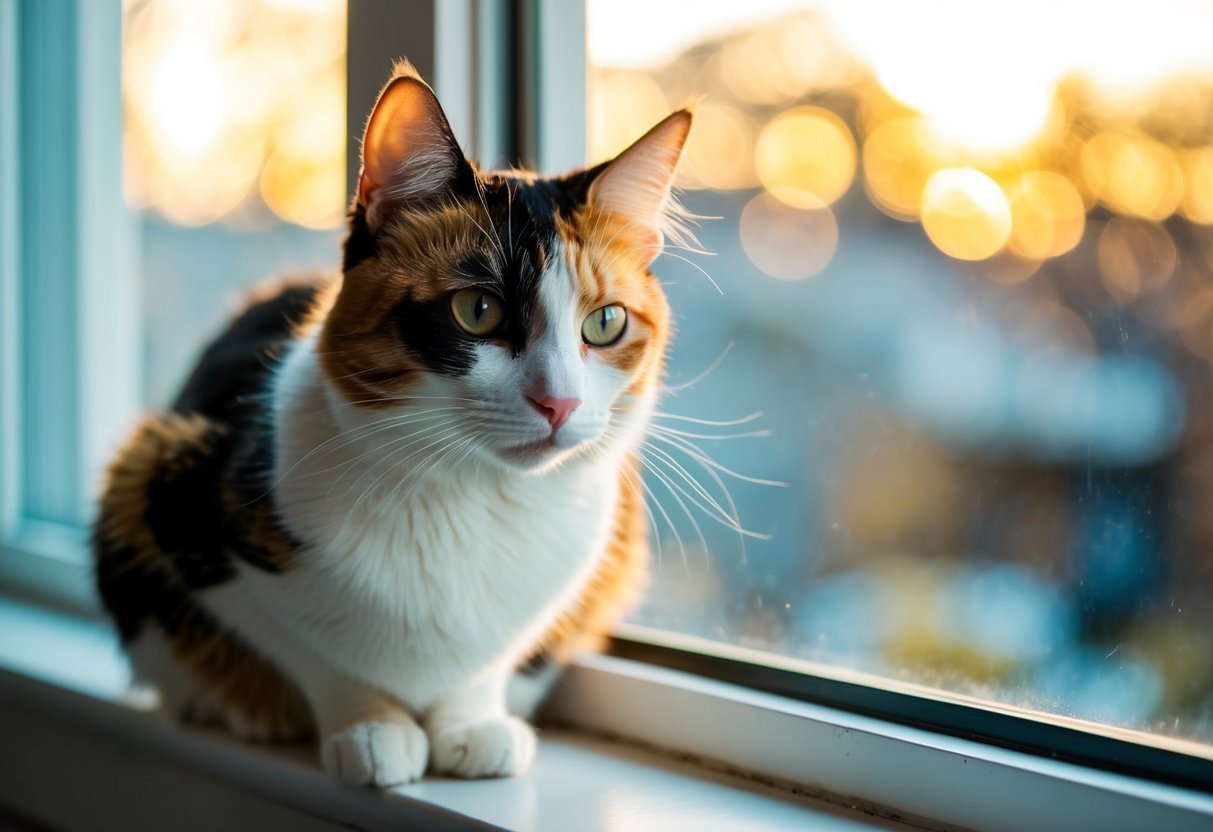 A calico cat sits on a windowsill, with its white, black, and orange fur glowing in the sunlight