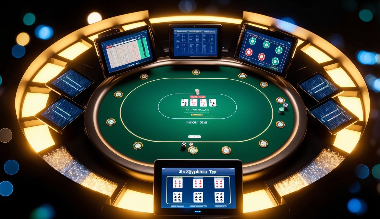 Sebuah meja poker virtual dikelilingi oleh portal yang bersinar, dengan grafik strategi dan tips yang ditampilkan di layar