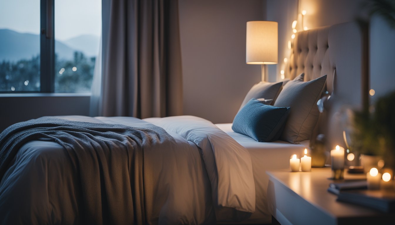 A peaceful bedroom with a dimly lit bedside table, a cozy bed with a soft pillow, and a glowing moonlight streaming through the window