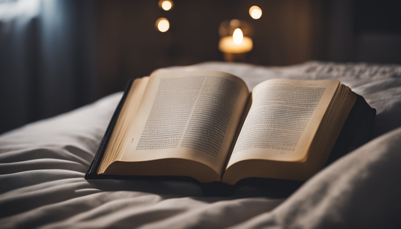 A serene bedroom with a cozy bed bathed in soft moonlight, a Bible and a journal on the bedside table, and a peaceful atmosphere conducive to rest and prayer