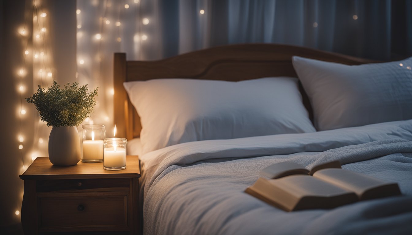 A serene bedroom with a cozy bed, soft pillows, and a nightstand with a Bible and a lit candle. The moonlight streams through the window, creating a peaceful atmosphere