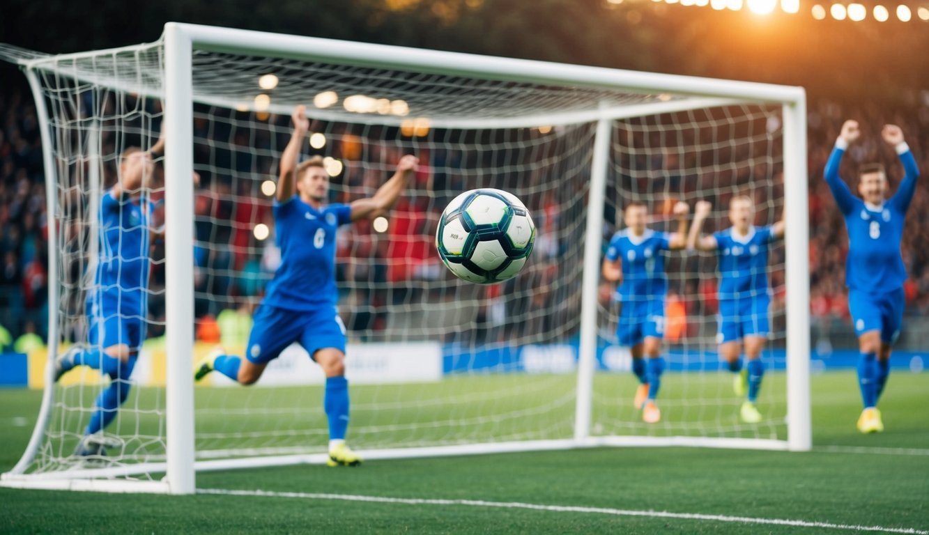 Sebuah bola sepak terbang ke dalam jaring gawang dengan para pemain bersorak di latar belakang