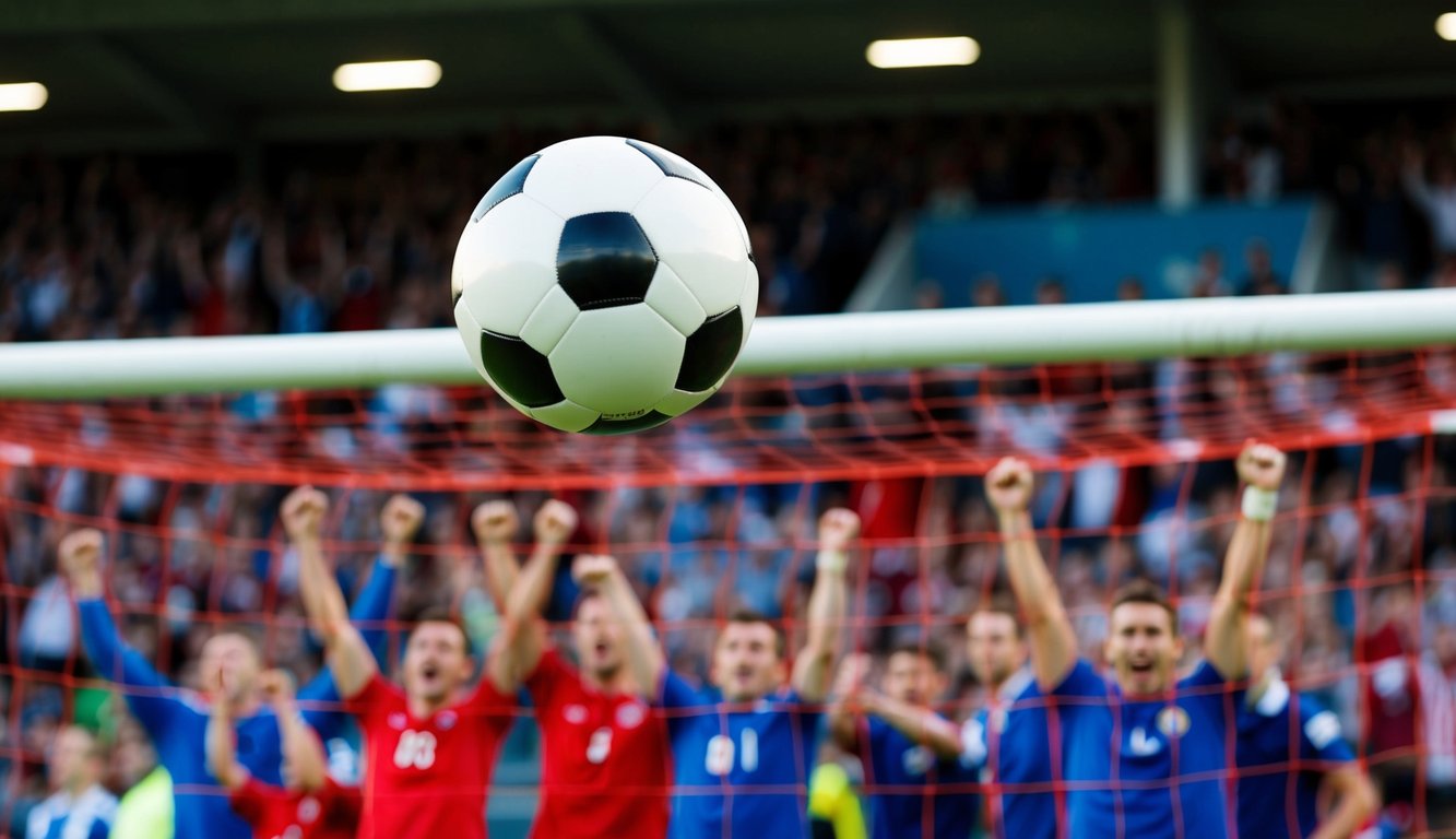 Sebuah bola sepak terbang ke dalam jaring gawang, dikelilingi oleh penggemar yang bersorak