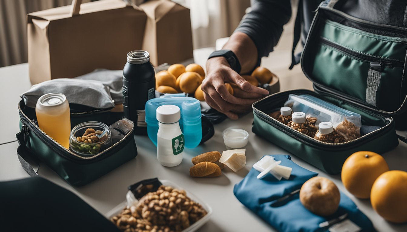A person packing a bag with healthy snacks, water bottle, and travel-sized first aid kit for a mission trip