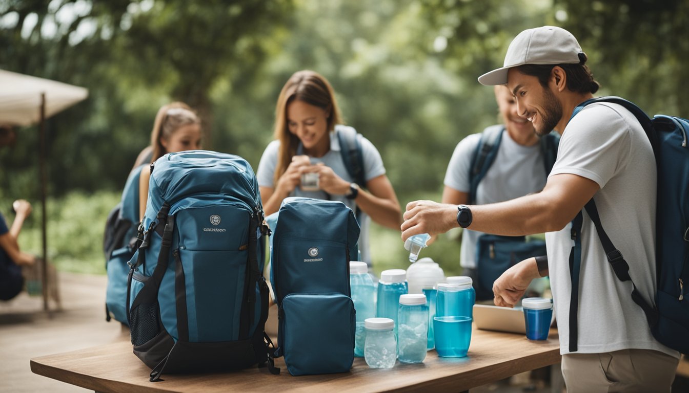 A group of travelers packing medical supplies, water bottles, and healthy snacks into backpacks for a mission trip