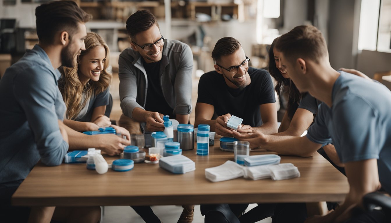 A group of travelers gather around a table, packing first aid kits and discussing safety protocols for their upcoming mission trip