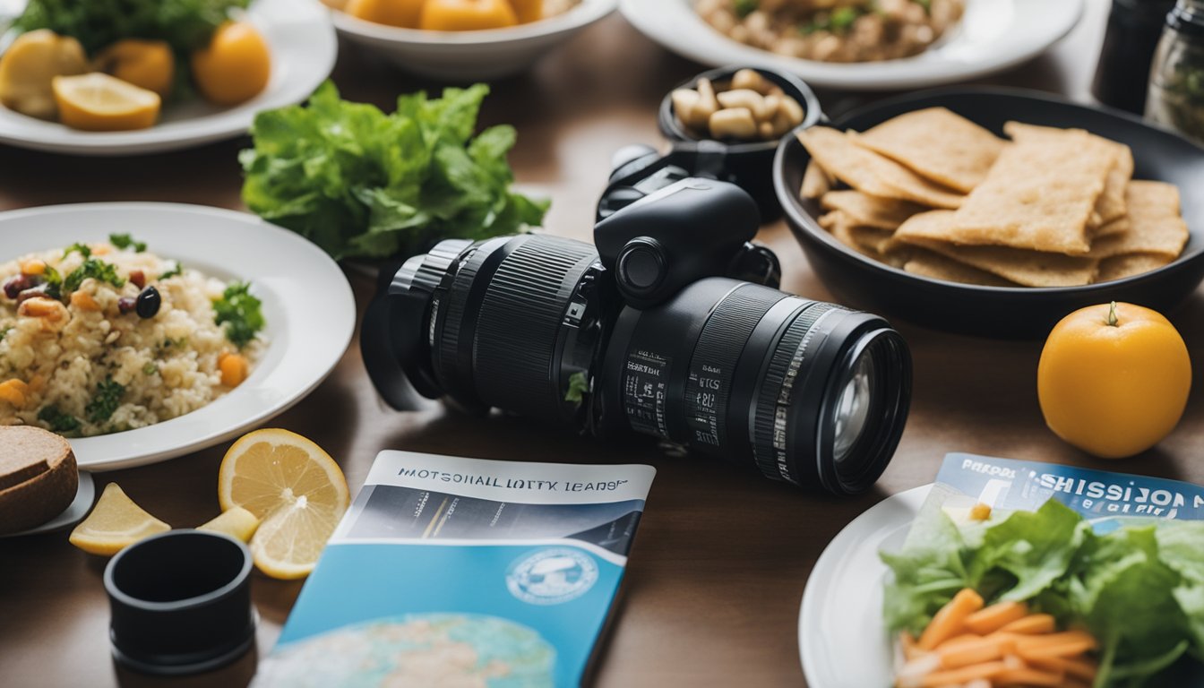 A table with healthy food and water bottles, surrounded by maps and travel guides for mission trips