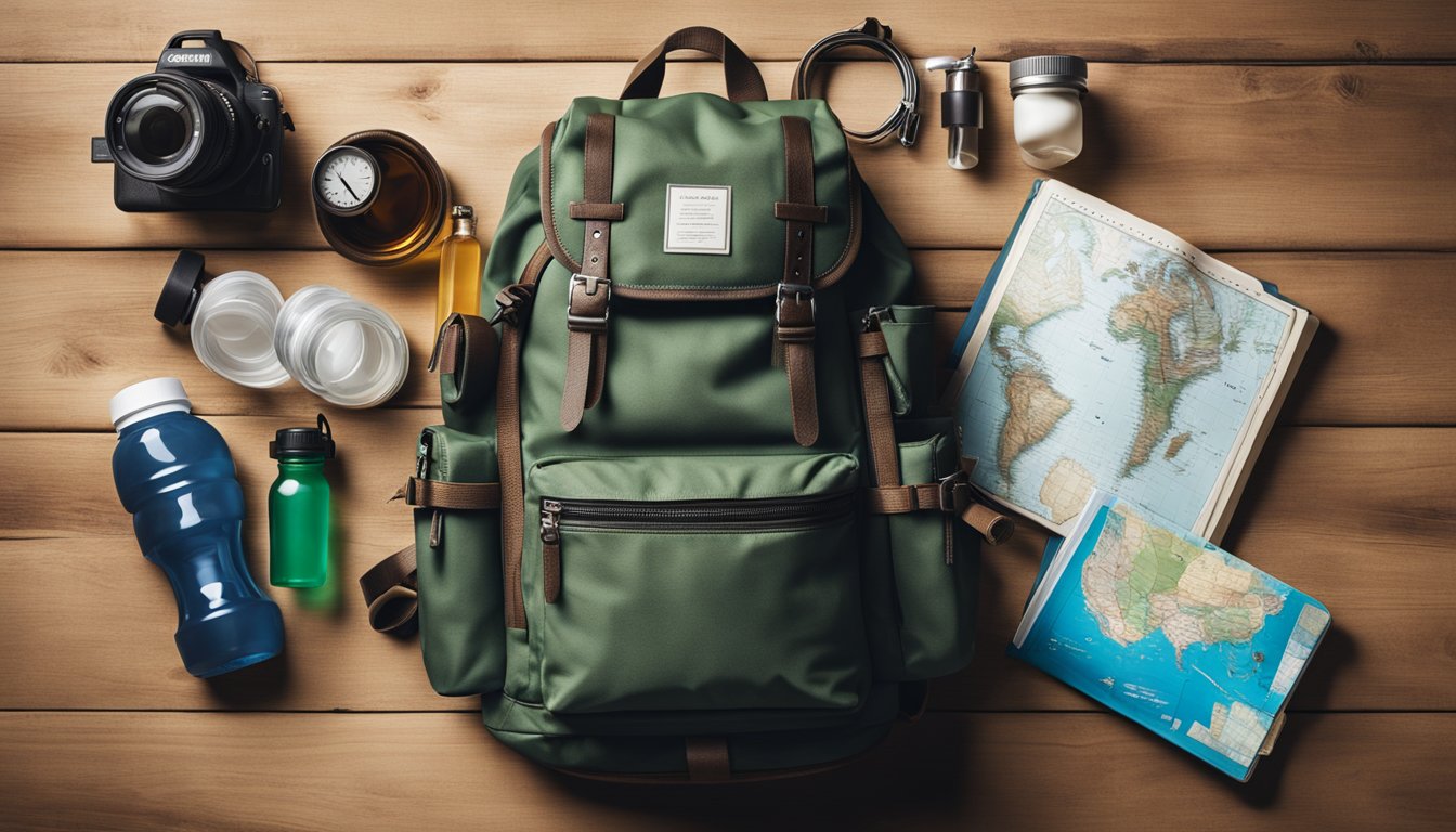 A traveler's backpack filled with water bottle, healthy snacks, and a first aid kit sits next to a map and a journal on a wooden table