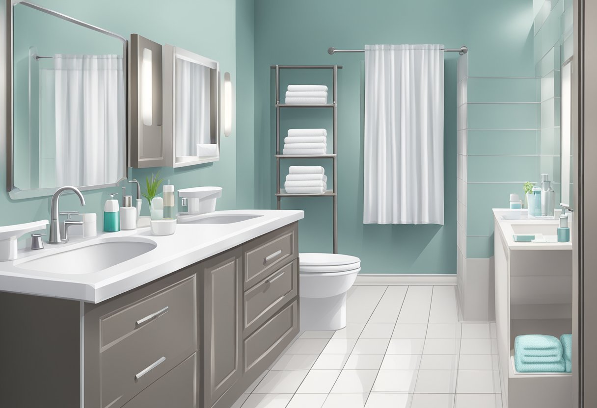 A clean, organized bathroom with neatly folded towels, sparkling surfaces, and neatly arranged toiletries