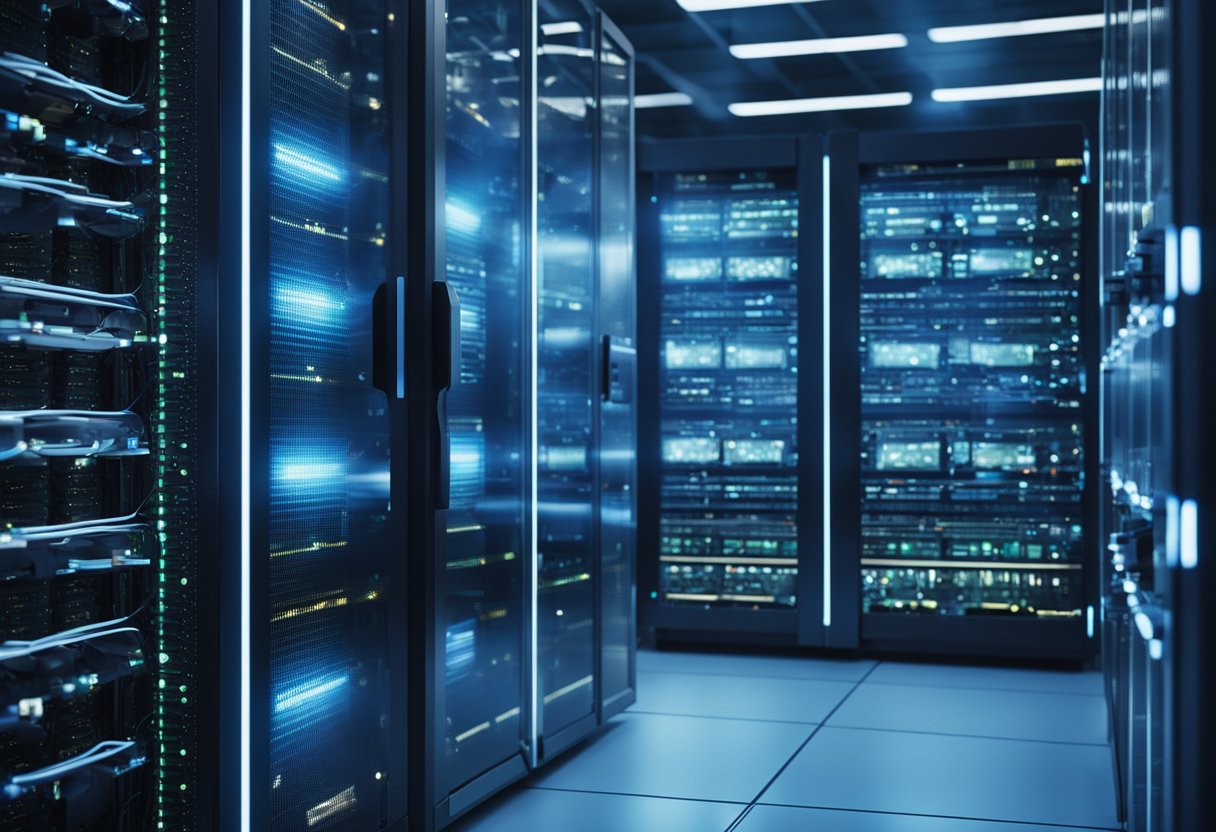 A futuristic, high-tech server room with glowing quantum computers and fiber optic cables, surrounded by a digital security barrier