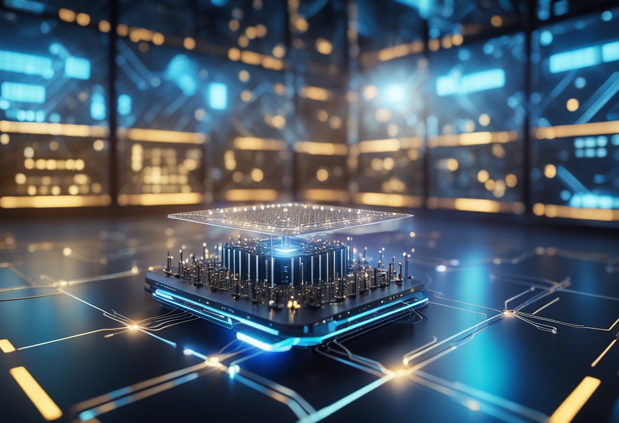 A futuristic quantum computer connected to a network of glowing data streams, surrounded by a digital shield of security barriers