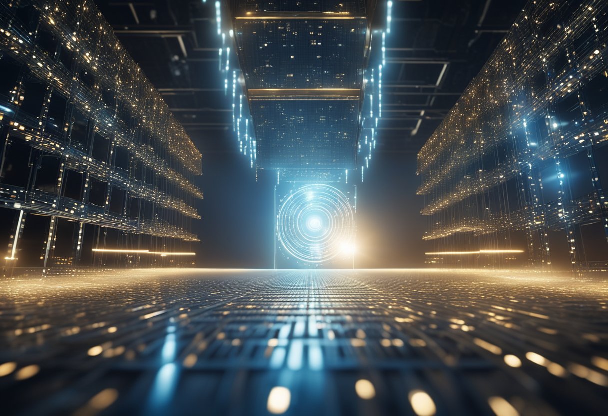 A futuristic quantum computer tower surrounded by beams of light, symbolizing enhanced internet security and speed