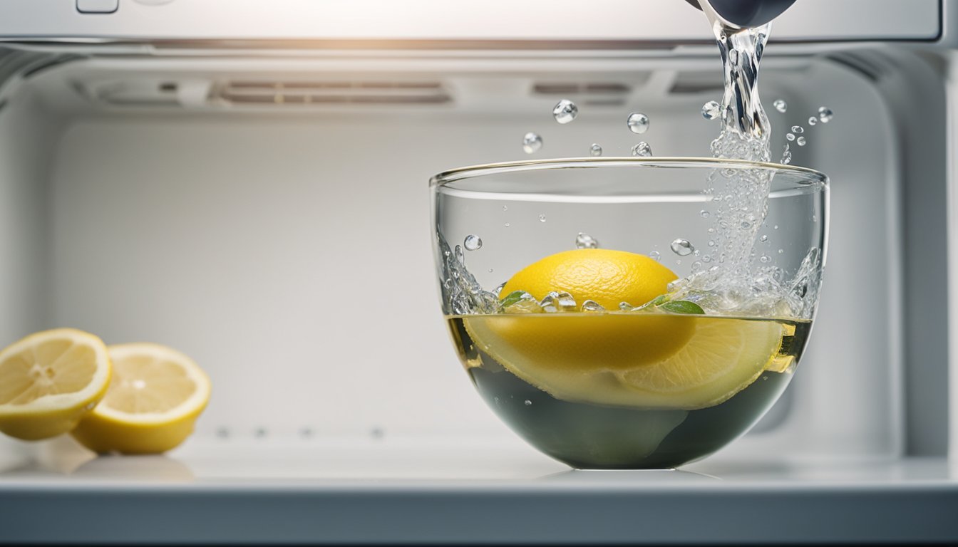 A bowl of vinegar and water steaming in a microwave, with a lemon slice floating on the surface