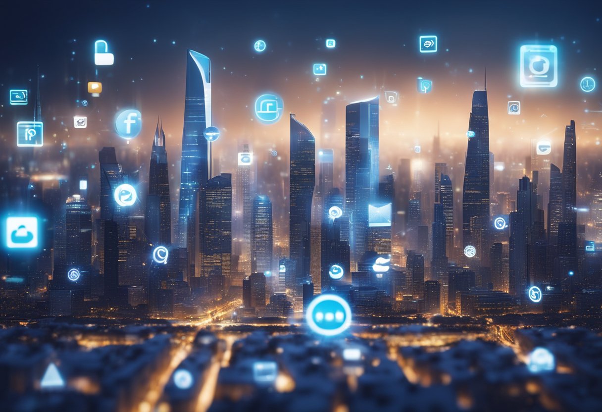 A futuristic city skyline with holographic social media icons and AI algorithms interacting in the air