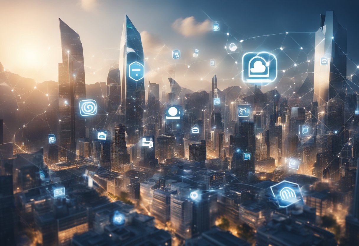 A futuristic cityscape with AI-powered social media logos floating above buildings